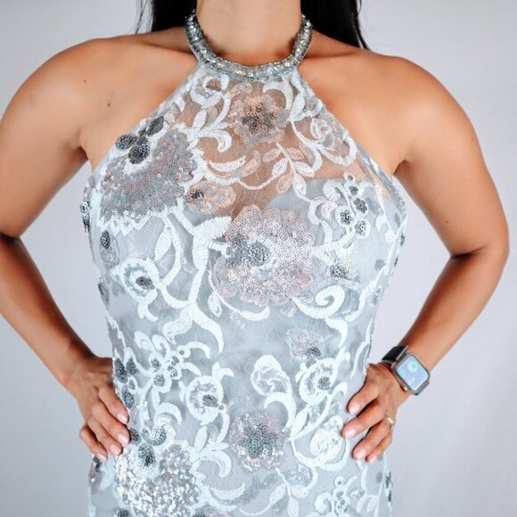 NWT Tiffany Designs Silver Floral Sequin Formal Gown $665 - Picture 4 of 12